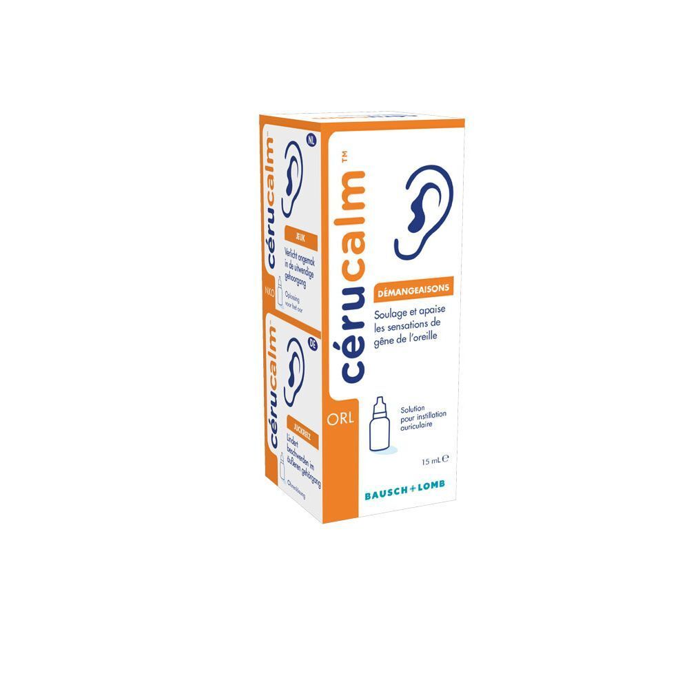 Boîte de gouttes auriculaires Cérucalm, 15 ml, vue de face et de côté.