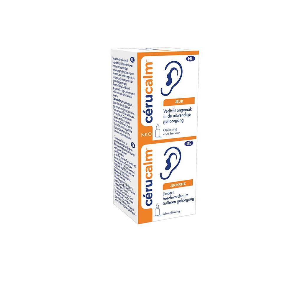 Pak Cérucalm oordruppels, 15 ml, van voren en van de zijkant getoond.