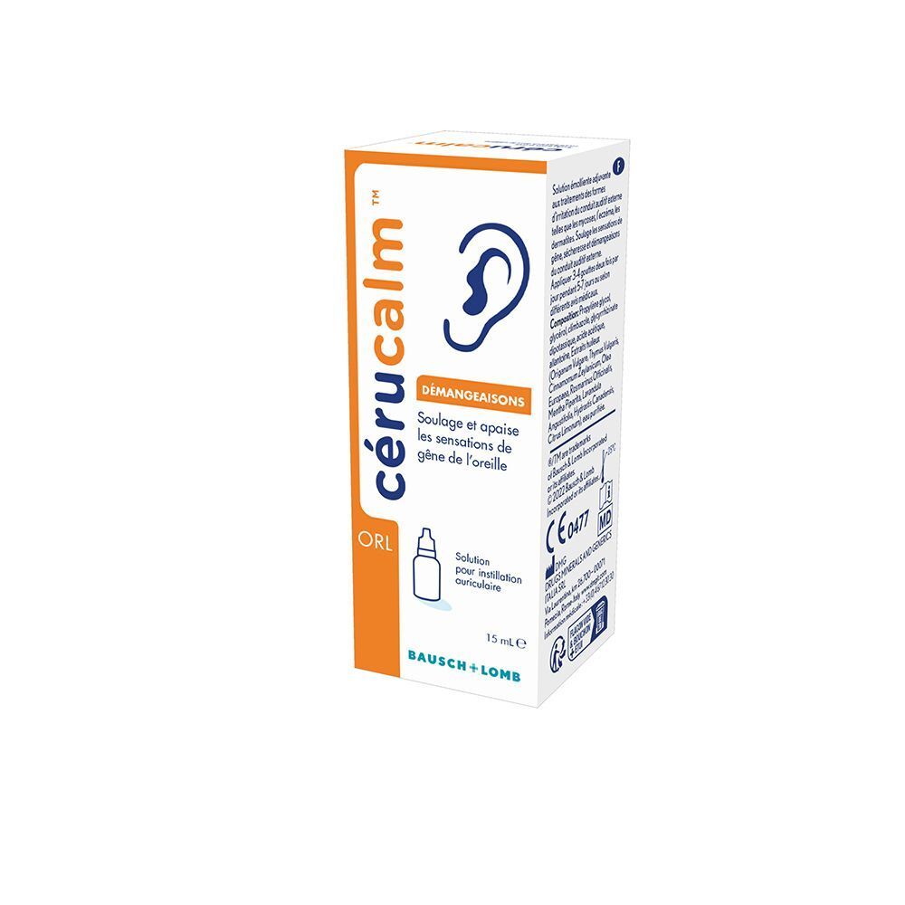 Boîte de gouttes auriculaires Cérucalm, 15 ml, avec informations détaillées au dos.