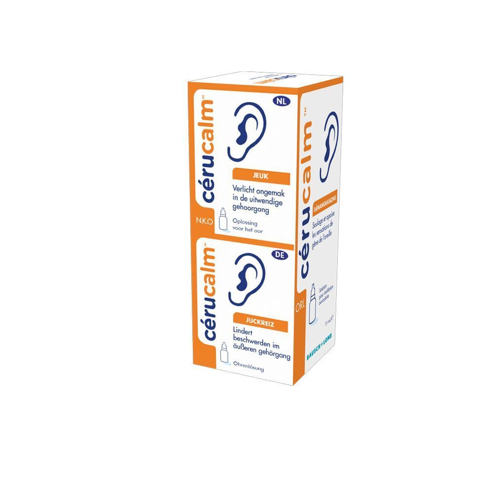 Pak Cérucalm oordruppels, 15 ml, met gedetailleerde informatie op de achterkant.