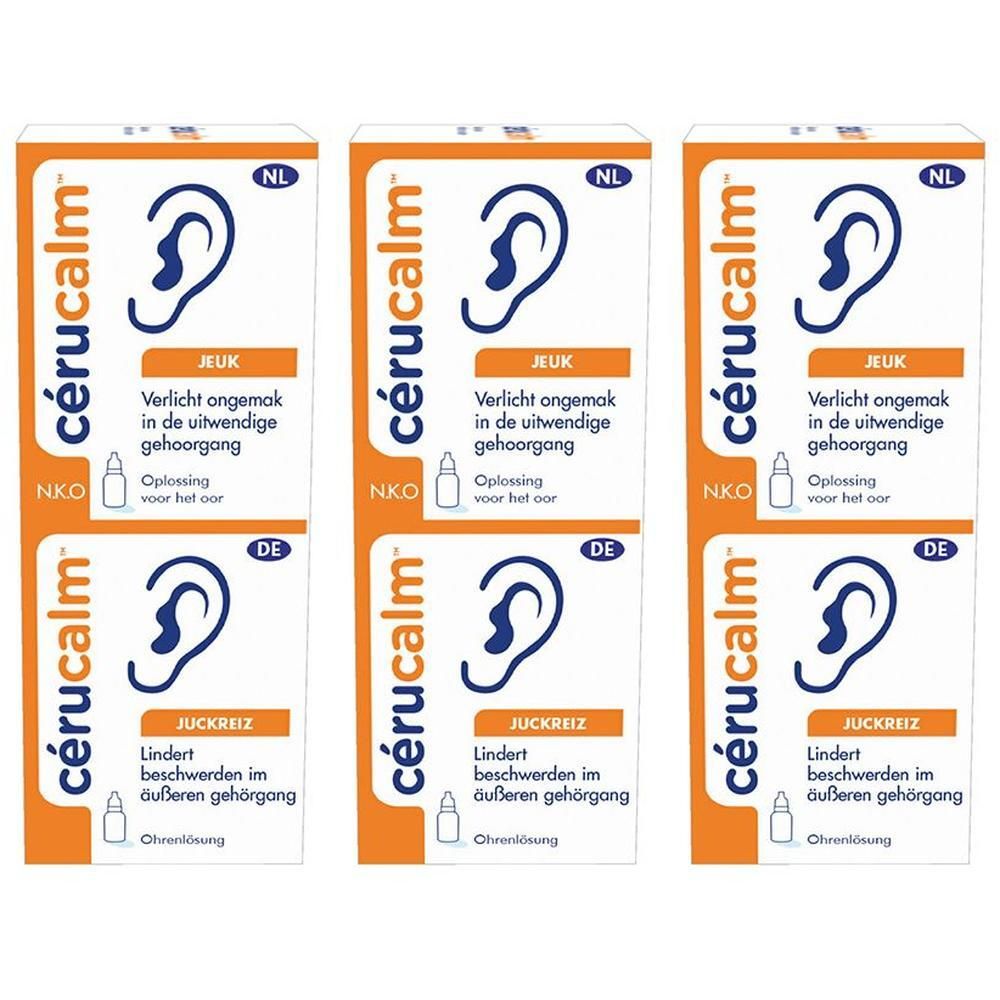 Drie pakken Cérucalm oordruppels, 15ml, met Duitse en Nederlandse belettering.