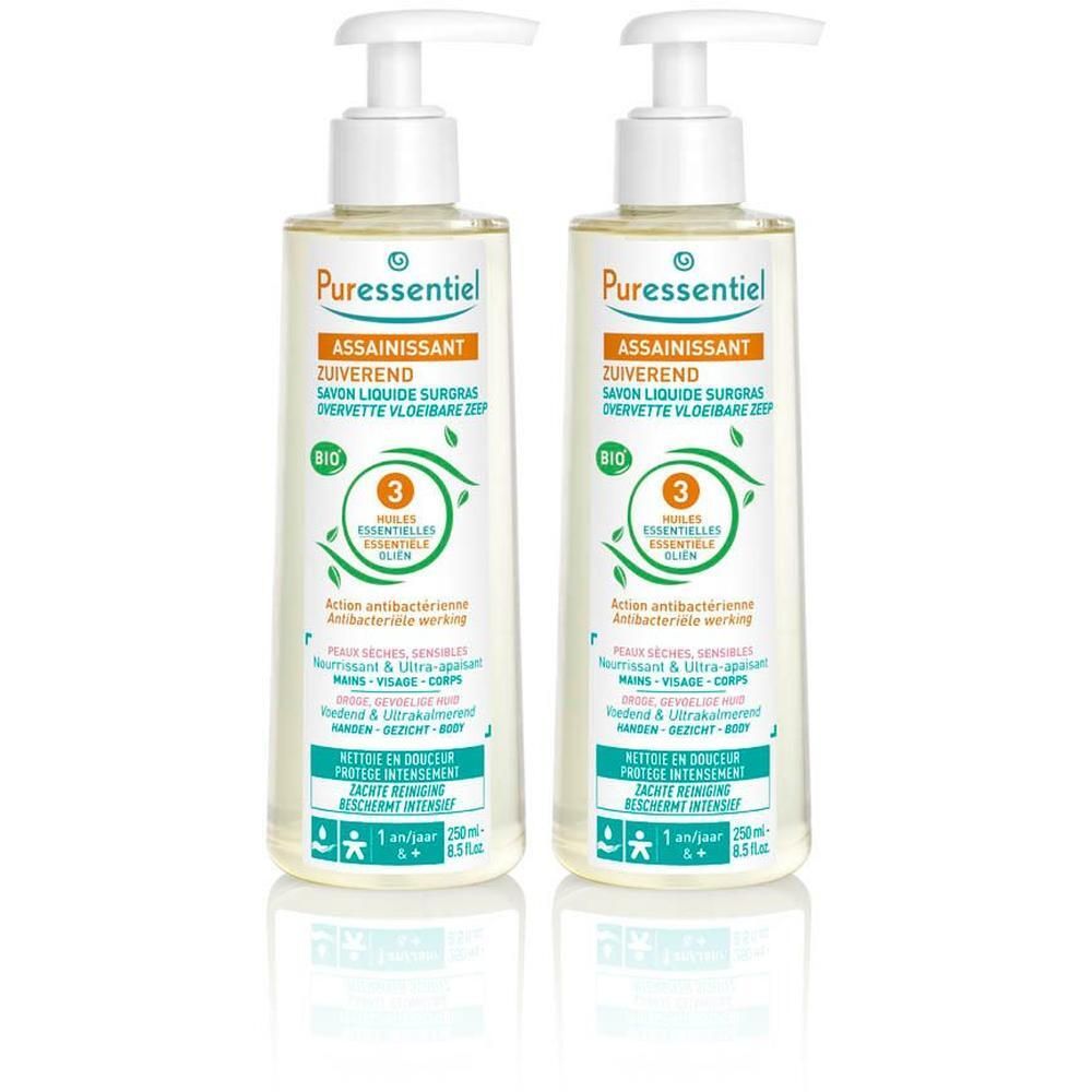 Deux flacons de savon liquide Puressentiel avec pompes. Certifié Bio.