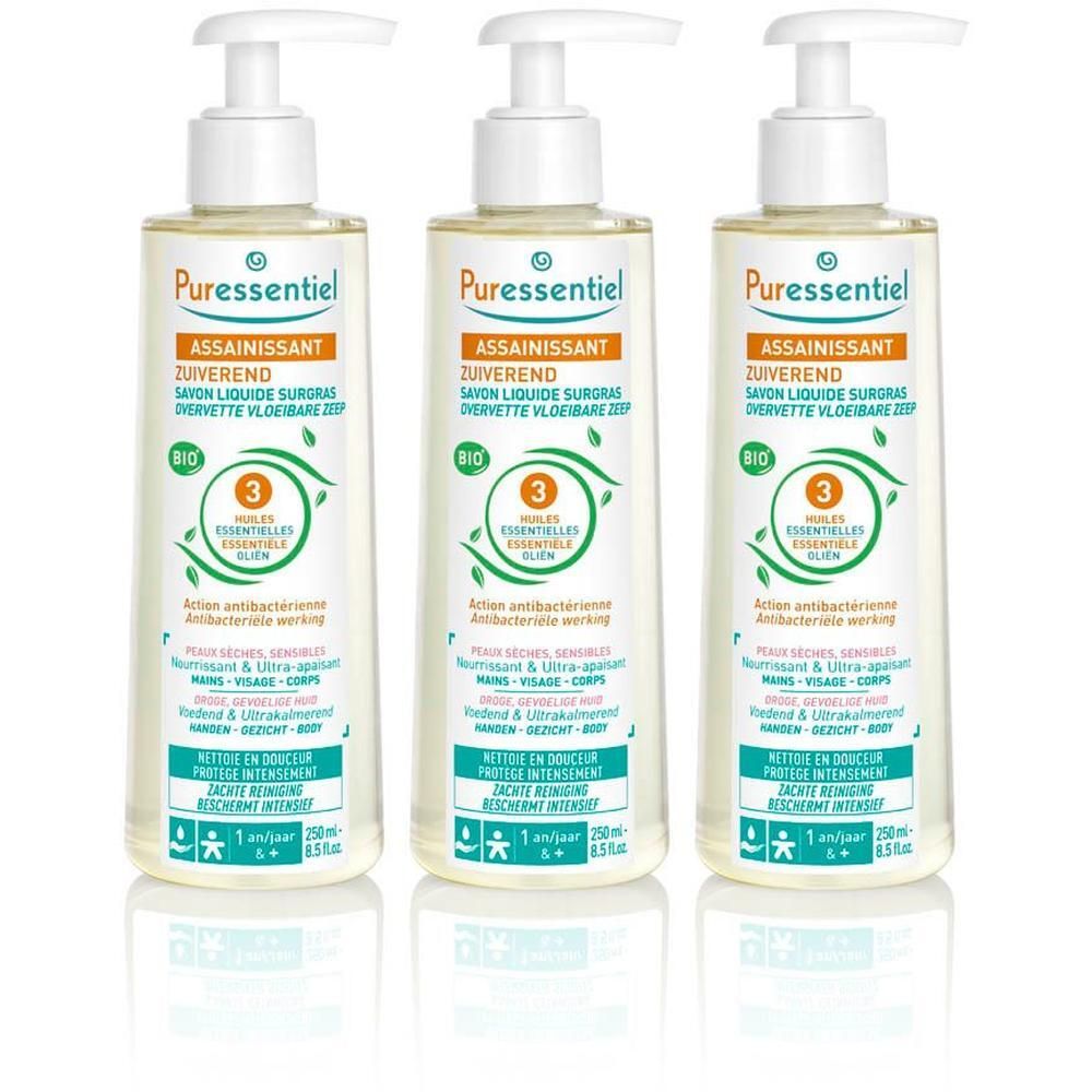 Drie flessen Puressentiel vloeibare zeep met pompdosering. Biologisch gecertificeerd.