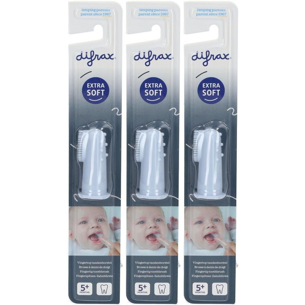 Difrax Brosse à dents doigt, extra souple, lot de 3. Brosse bleue avec picots.