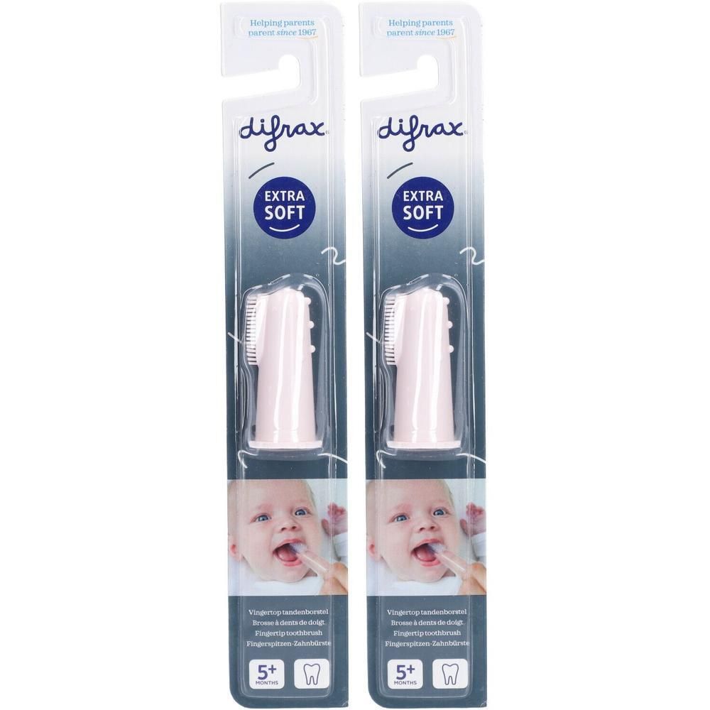 Twee Difrax siliconen vingerborsteltjes, extra zacht, voor baby's vanaf 5 maanden.