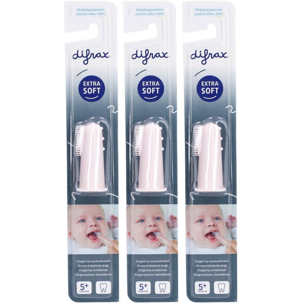 Trois brosses à doigts Difrax en silicone extra souple, couleur rose.