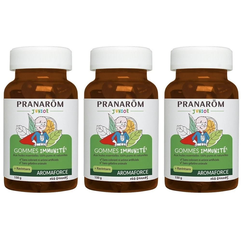 Trois flacons de PRANARÔM Aromaforce Junior Gommes Immunité. Flacons marron avec bouchons blancs.