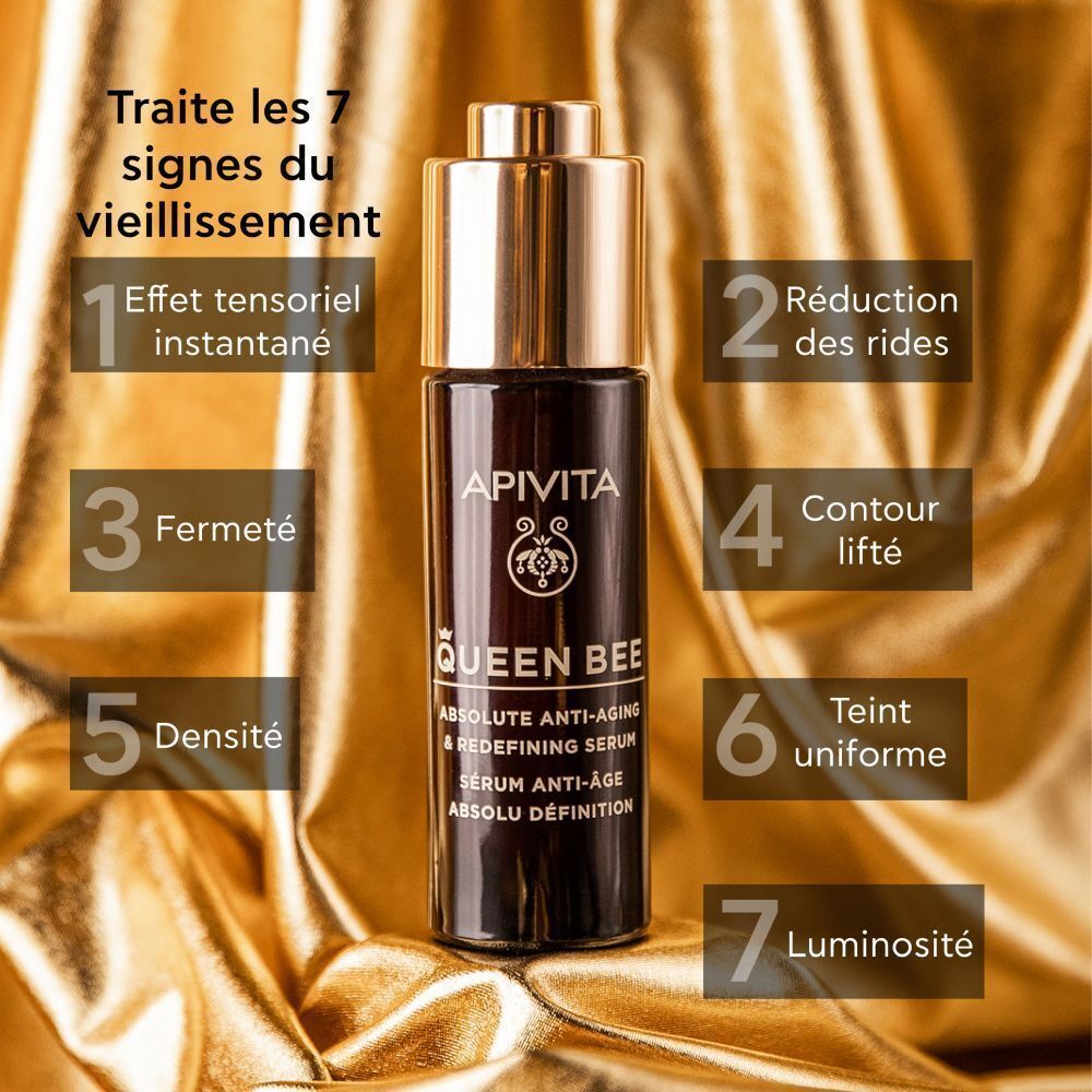 Sérum Apivita Queen Bee avec texte sur les 7 signes du vieillissement.