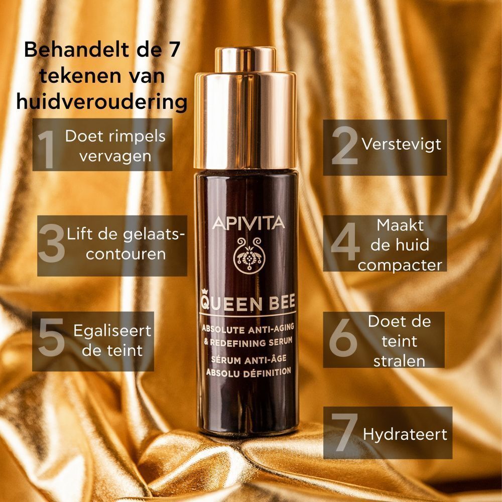 Apivita Queen Bee serum met tekst over 7 tekenen van huidveroudering.