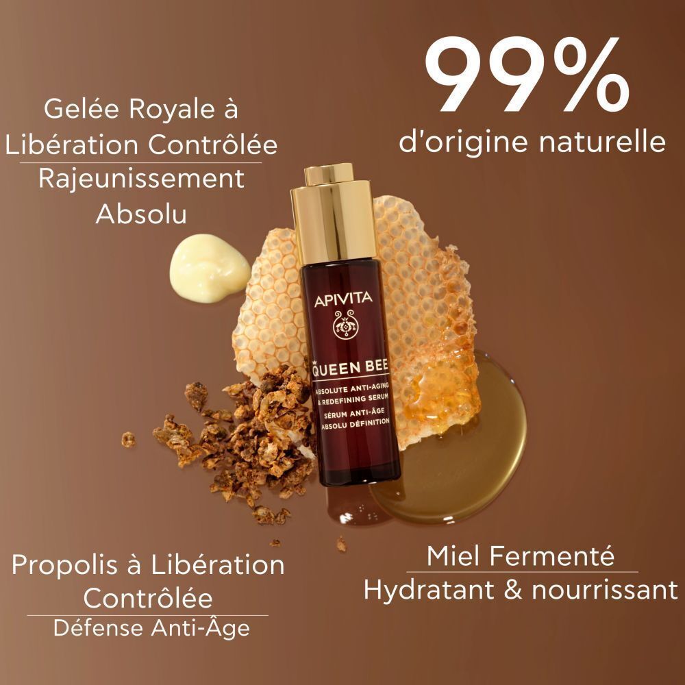 Sérum Apivita Queen Bee avec rayons de miel, miel et granulés.