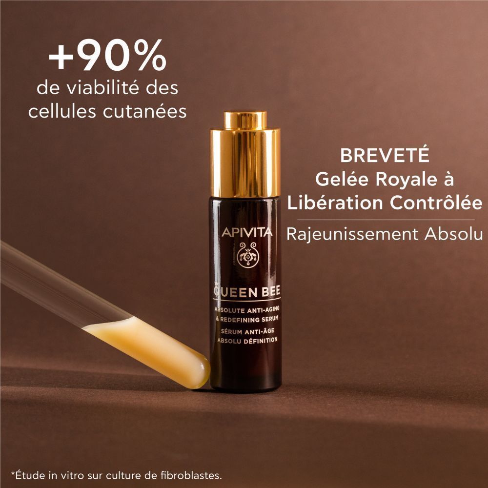 Sérum Apivita Queen Bee avec tube à essai et texte sur la vitalité cellulaire.