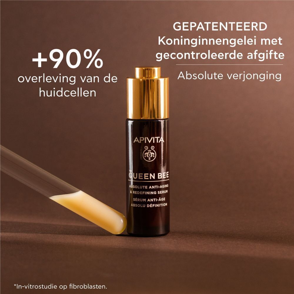Apivita Queen Bee serum en een reageerbuis met serum.