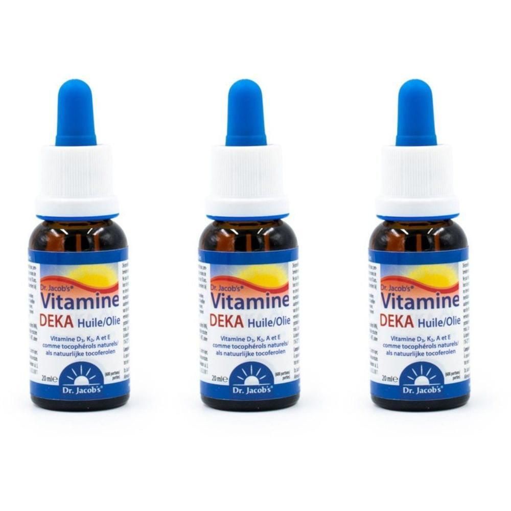 Trois flacons d'huile Vitamine DEKA Dr. Jacob's avec compte-gouttes. Flacons en verre brun avec bouchons compte-gouttes bleus.