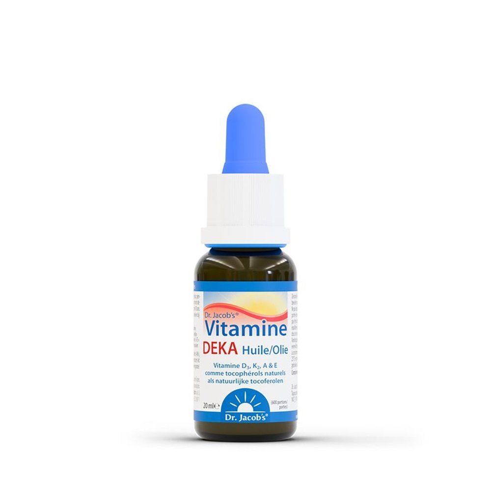 Un flacon d'huile Vitamine DEKA Dr. Jacob's avec compte-gouttes. Flacon en verre brun avec bouchon compte-gouttes bleu.
