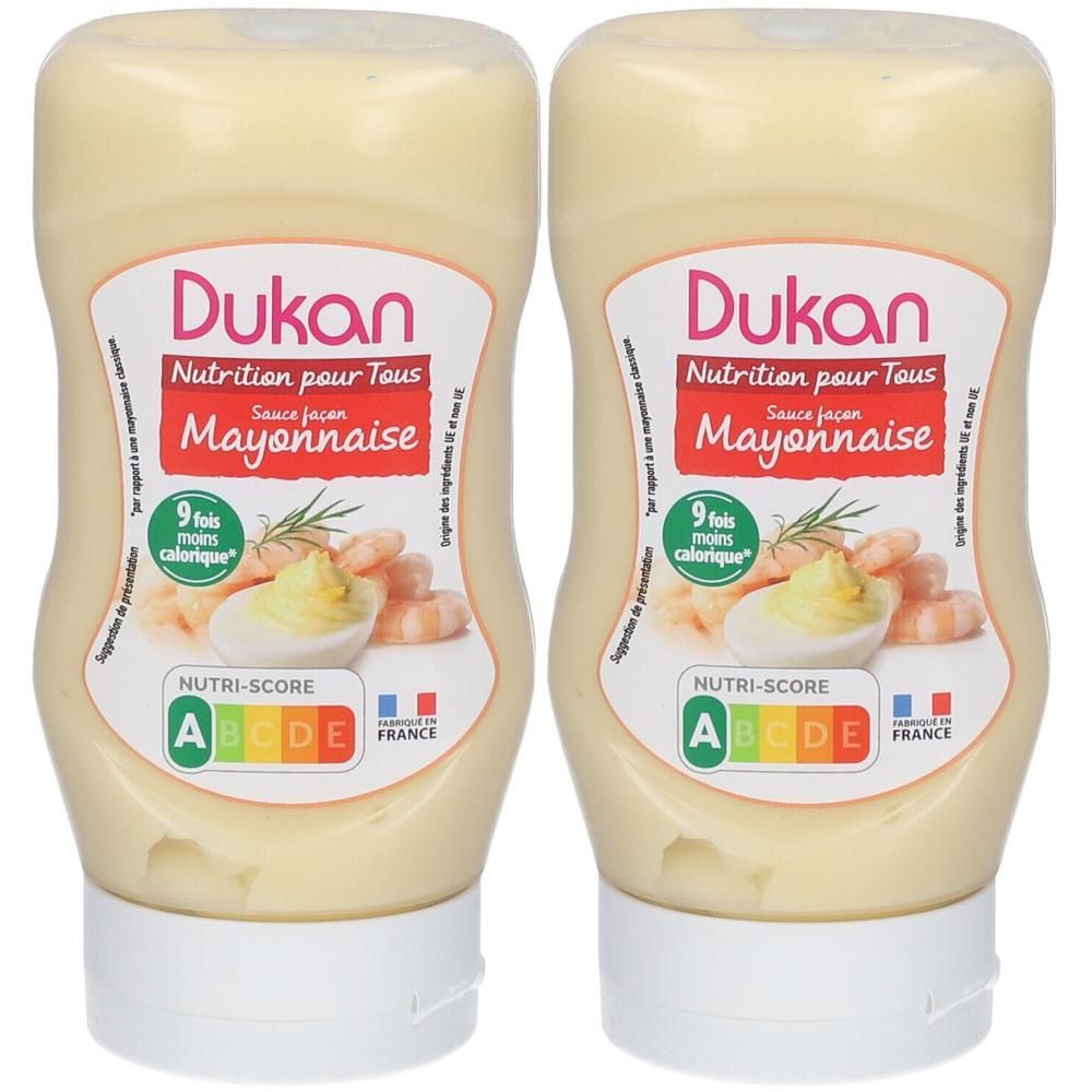 Twee flessen Dukan saus, "9 keer minder calorieën", Nutri-Score A.