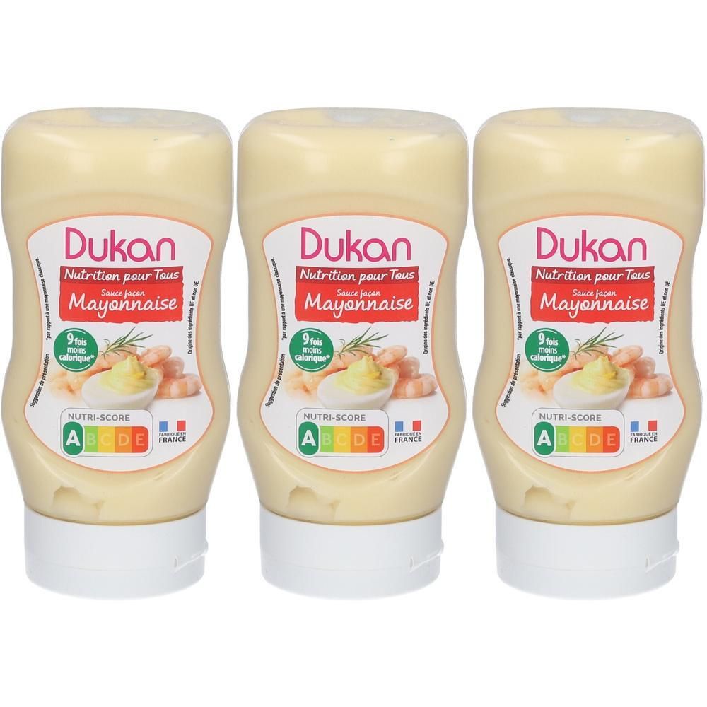 Drie flessen Dukan Mayonaise, Nutri-Score A.