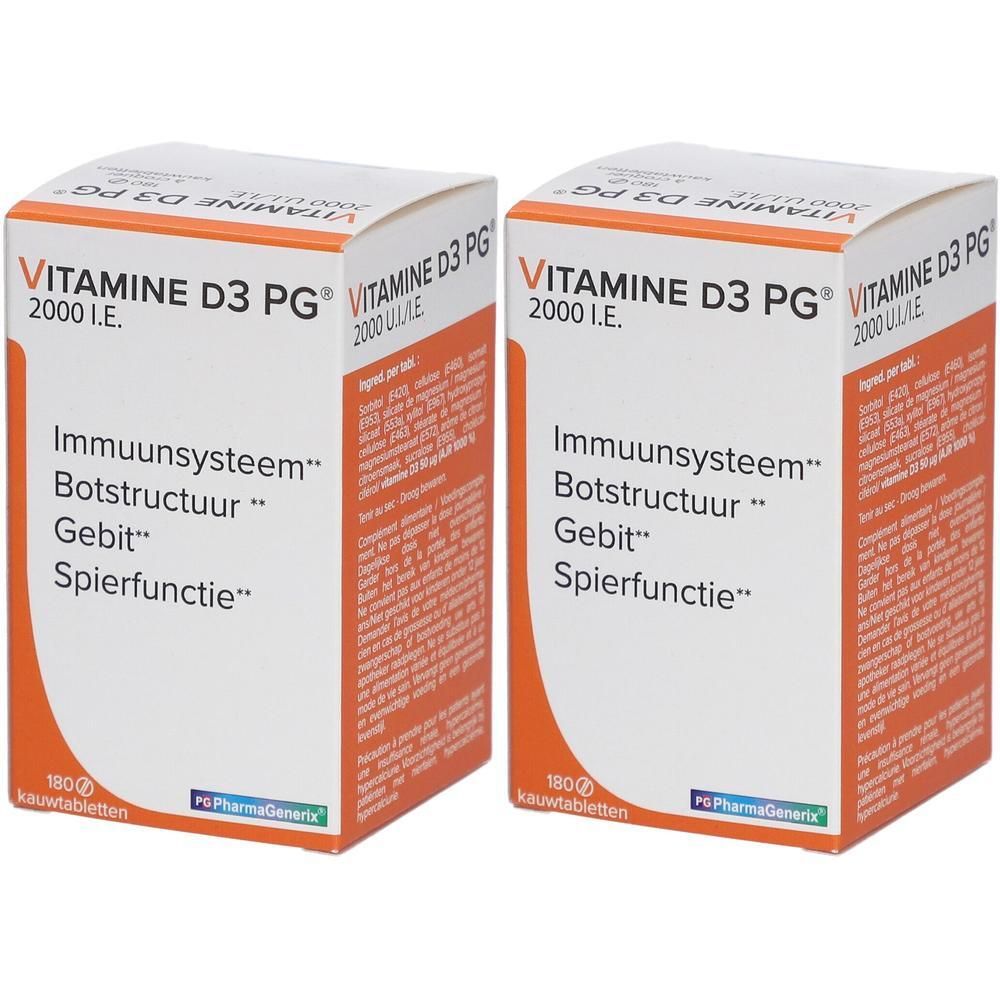Twee pakken Vitamine D3 PG 2000 IE kauwtabletten. Voor immuunsysteem, botstructuur, gebit en spierfunctie.