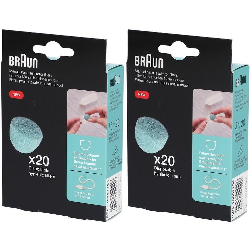 Deux paquets de filtres de rechange Braun pour aspirateur nasal, 20 pièces chacun. Filtres hygiéniques jetables.