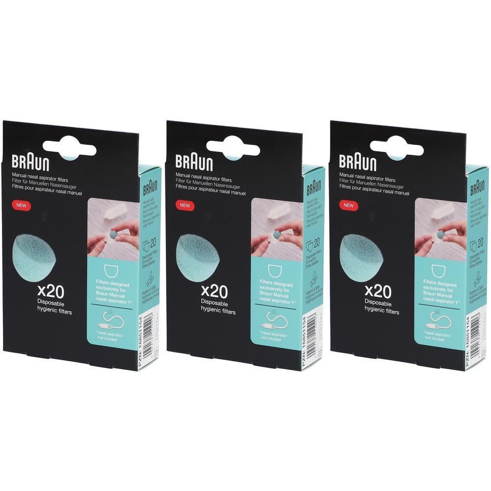 Trois paquets de filtres jetables pour aspirateur nasal Braun, 20 par paquet.