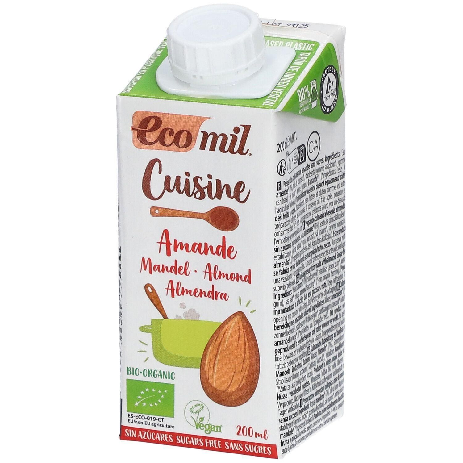 Ecomil Cuisine Amande: Boisson bio à l'amande, sans sucres, brique 200ml.