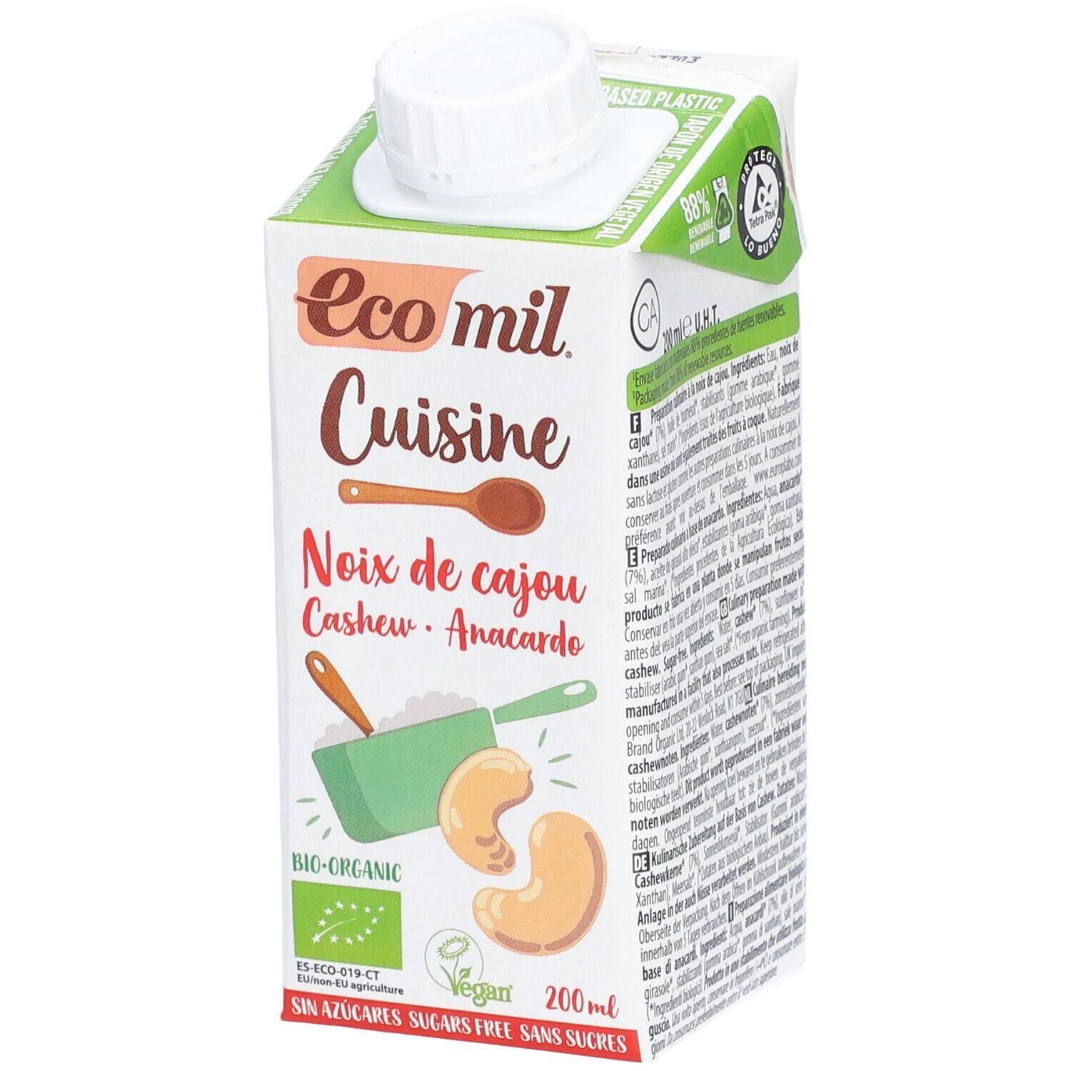 Ecomil Cuisine Cajou sans Sucre, brique 200ml avec motif noix de cajou.