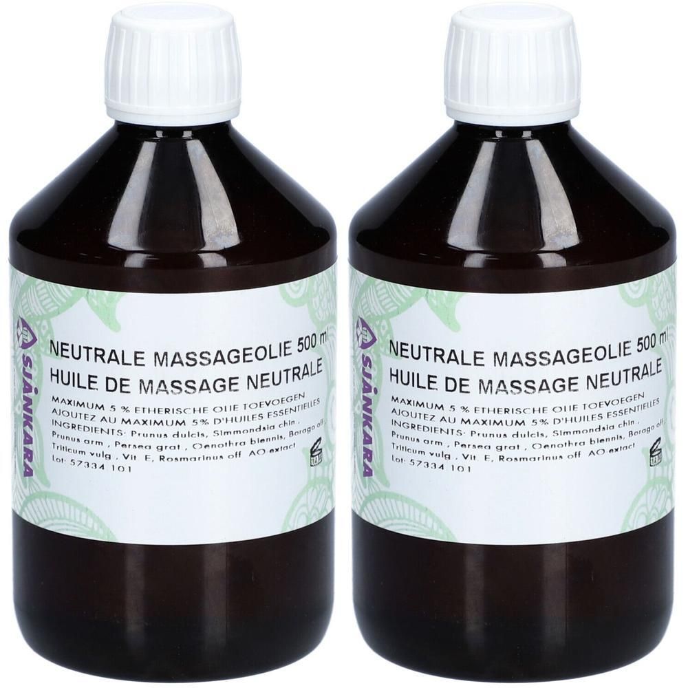 Deux bouteilles d'huile de massage neutre, 500 ml chacune. Flacons en verre brun avec bouchon blanc et étiquette.