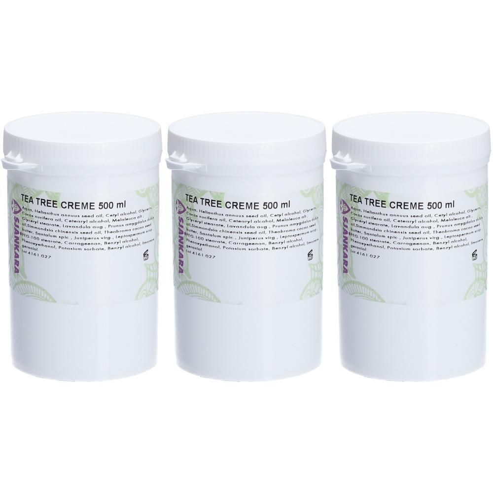 Trois pots blancs de crème à l'arbre à thé, chacun 500 ml.