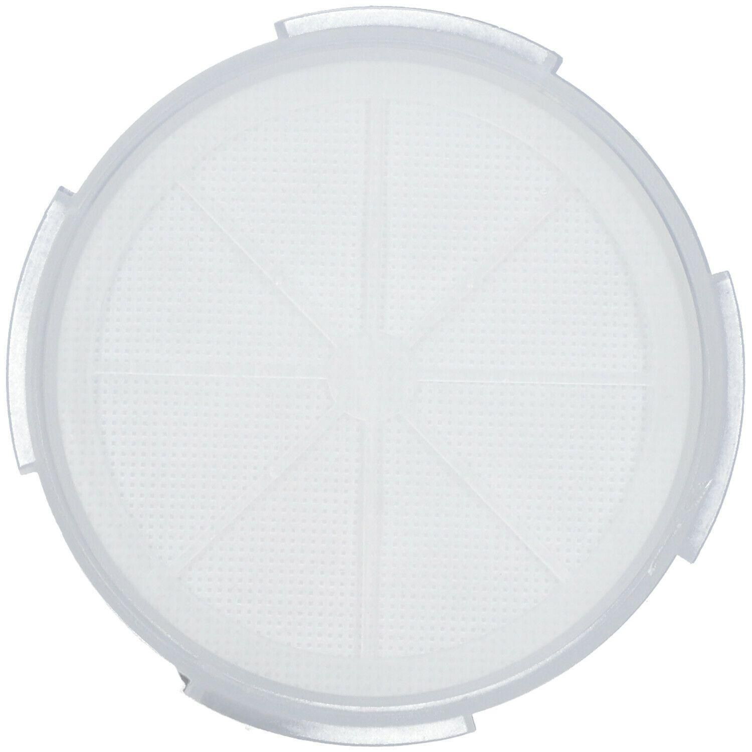 Rond, wit filter met fijne perforatie en radiale lijnen.