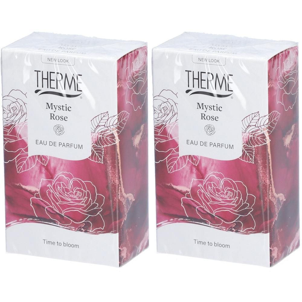 Twee doosjes Therme Mystic Rose Eau de Parfum met rozenprint.