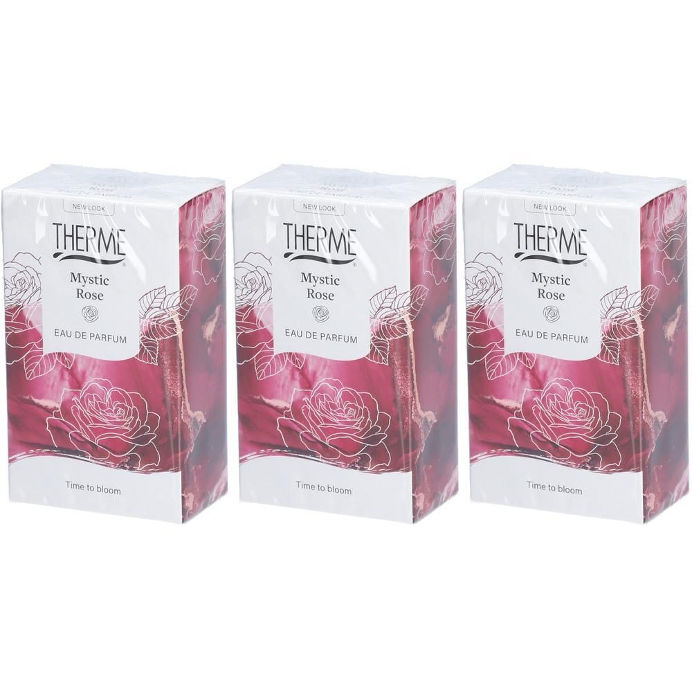 Drie doosjes Therme Mystic Rose Eau de Parfum met rozenprint.