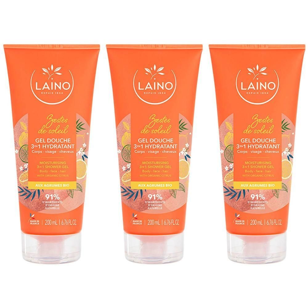 Trois tubes de gel douche Laino au design d'agrumes. 91% d'ingrédients d'origine naturelle.