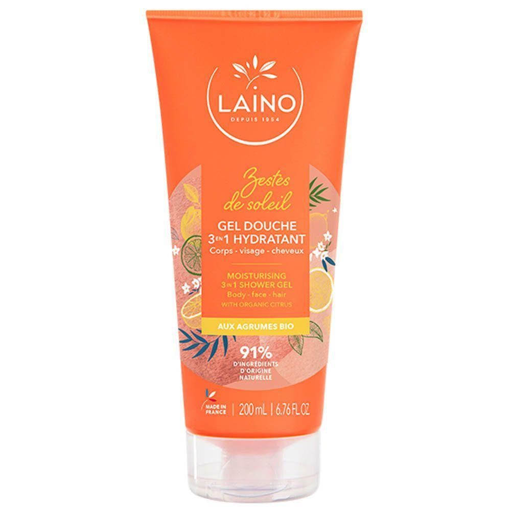 Tube orange Laino Gel Douche 3-en-1 Hydratant aux Agrumes Bio. 200ml.
