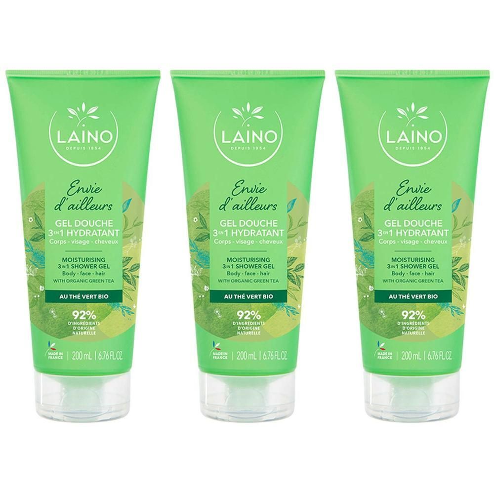 Drie groene tubes Laino Douchegel 3-in-1 Hydraterende Gel met Biologische Groene Thee.