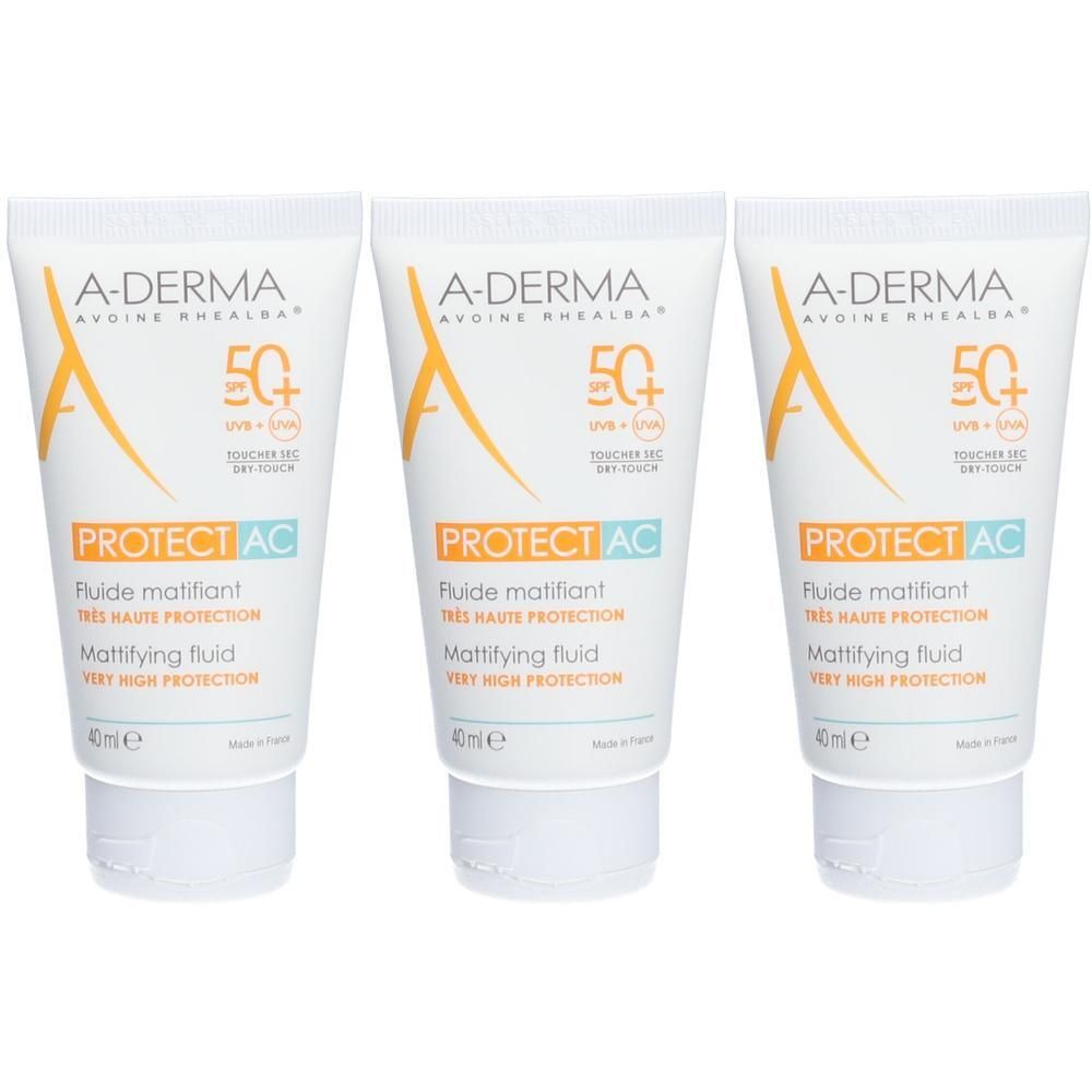 Drie tubes A-Derma Protect AC Mattifying Fluid SPF50+ met zeer hoge zonbescherming.