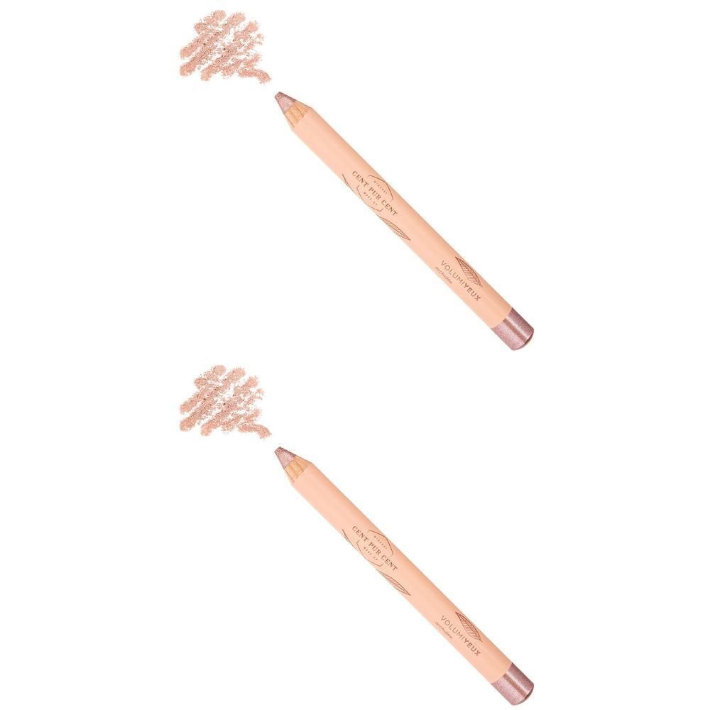 Deux crayons pour les yeux pêche avec inscription dorée et un échantillon d'ombre à paupières à côté.