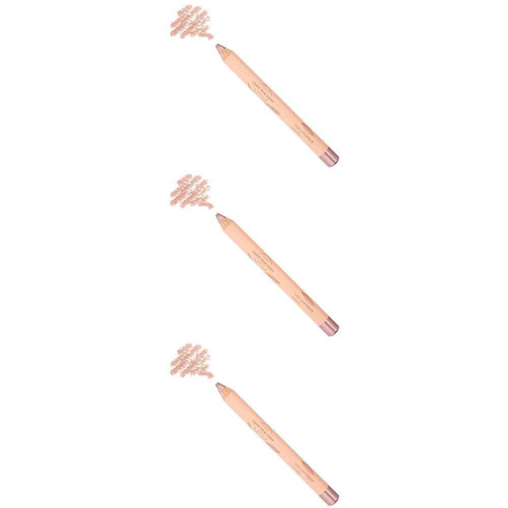 Trois crayons eye-liner beige clair avec des swatches marron à côté.
