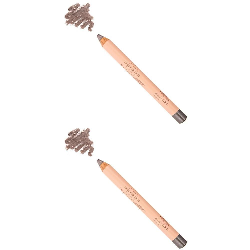 Deux crayons à sourcils brun clair avec un échantillon brun à côté.