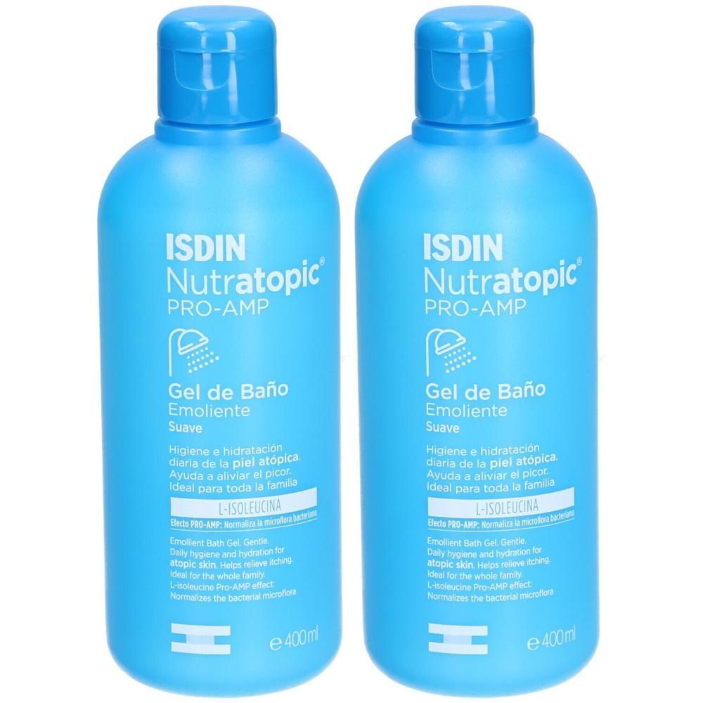 Deux gels douche ISDIN Nutratopic Pro-AMP dans des flacons bleus avec inscription blanche.