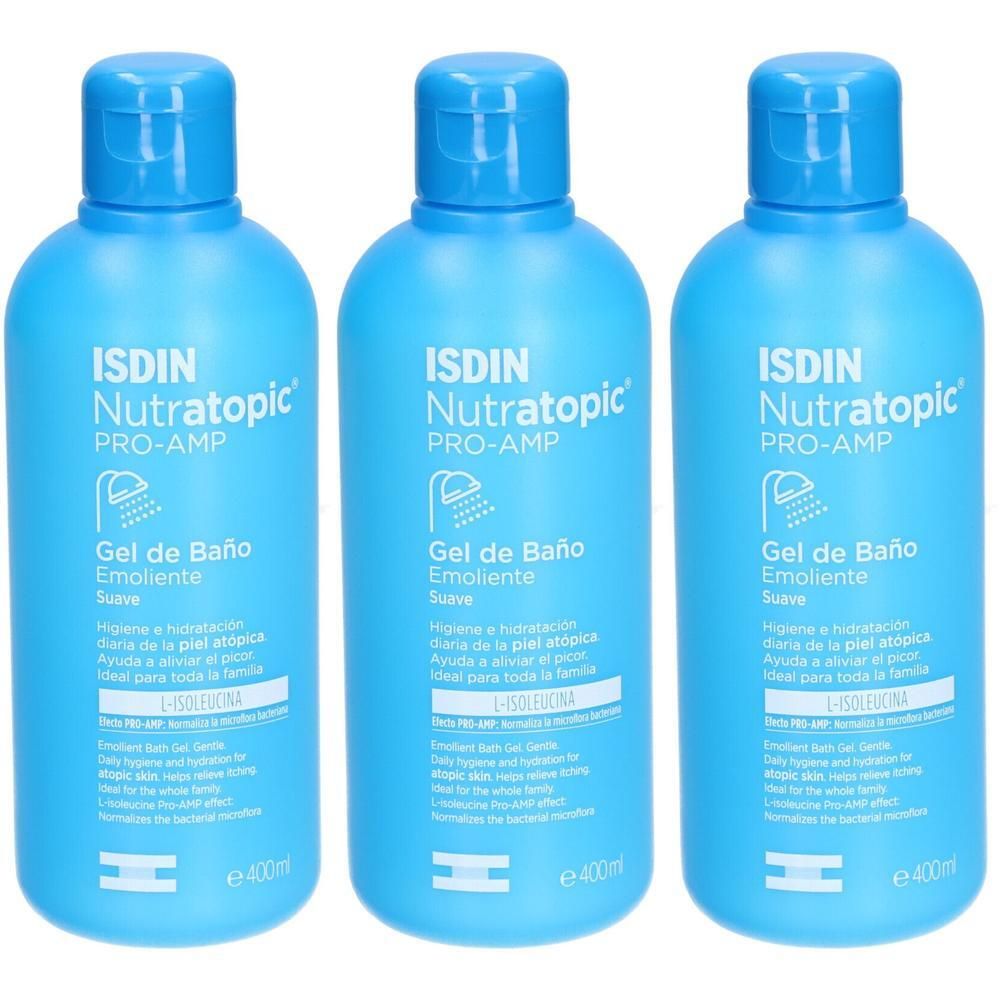 Trois flacons bleus de Gel de Bain ISDIN Nutratopic Pro-AMP.