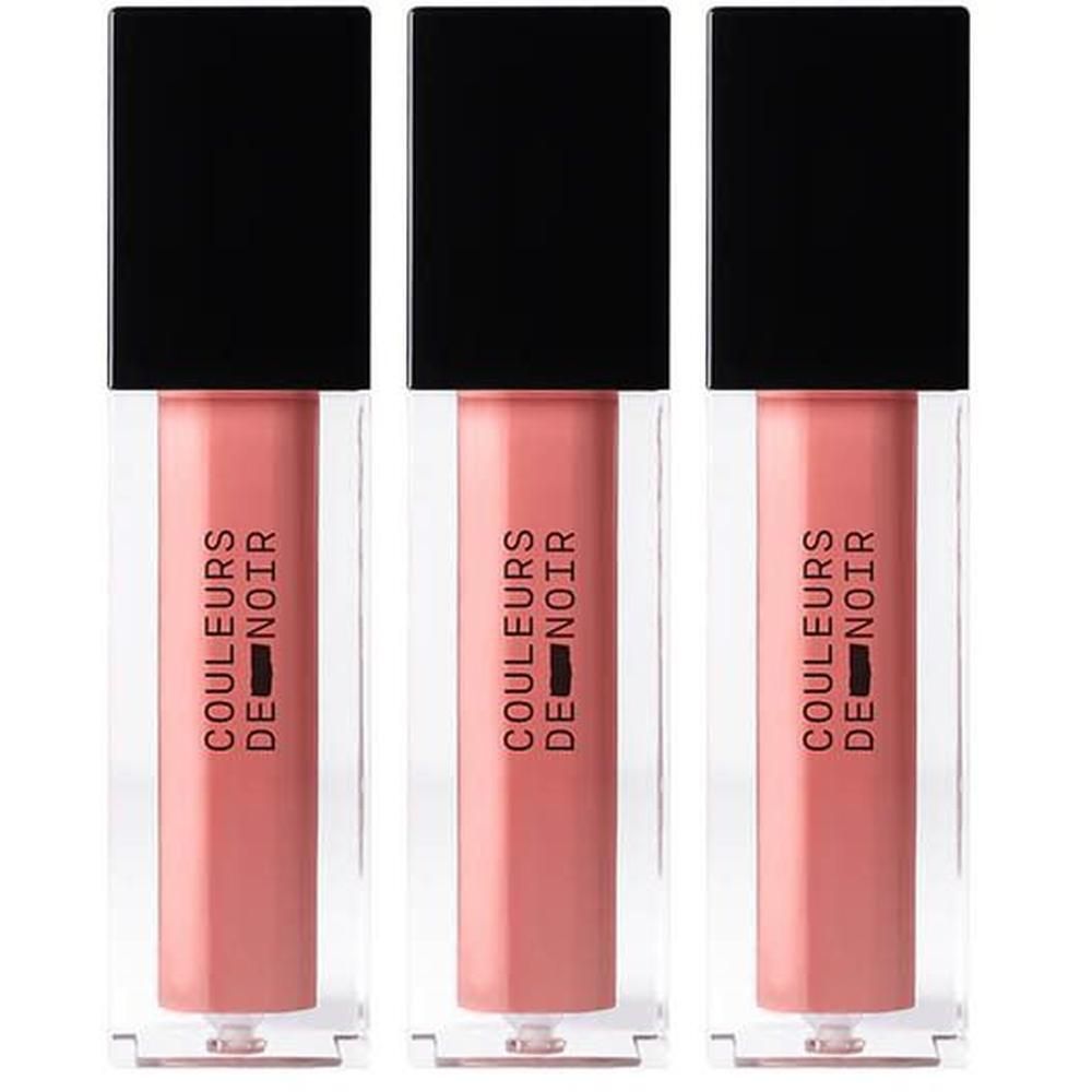 Drie flesjes roze lipgloss met zwarte dop en transparante huls.
