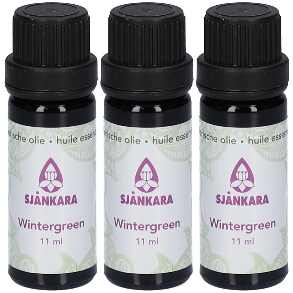 Trois flacons d'huile essentielle SJANKARA Wintergreen, 11 ml chacun.