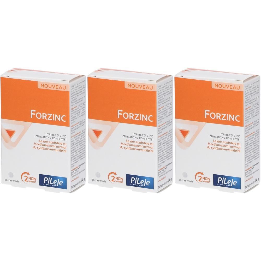 Drie verpakkingen Forzinc, een voedingssupplement op basis van zink.