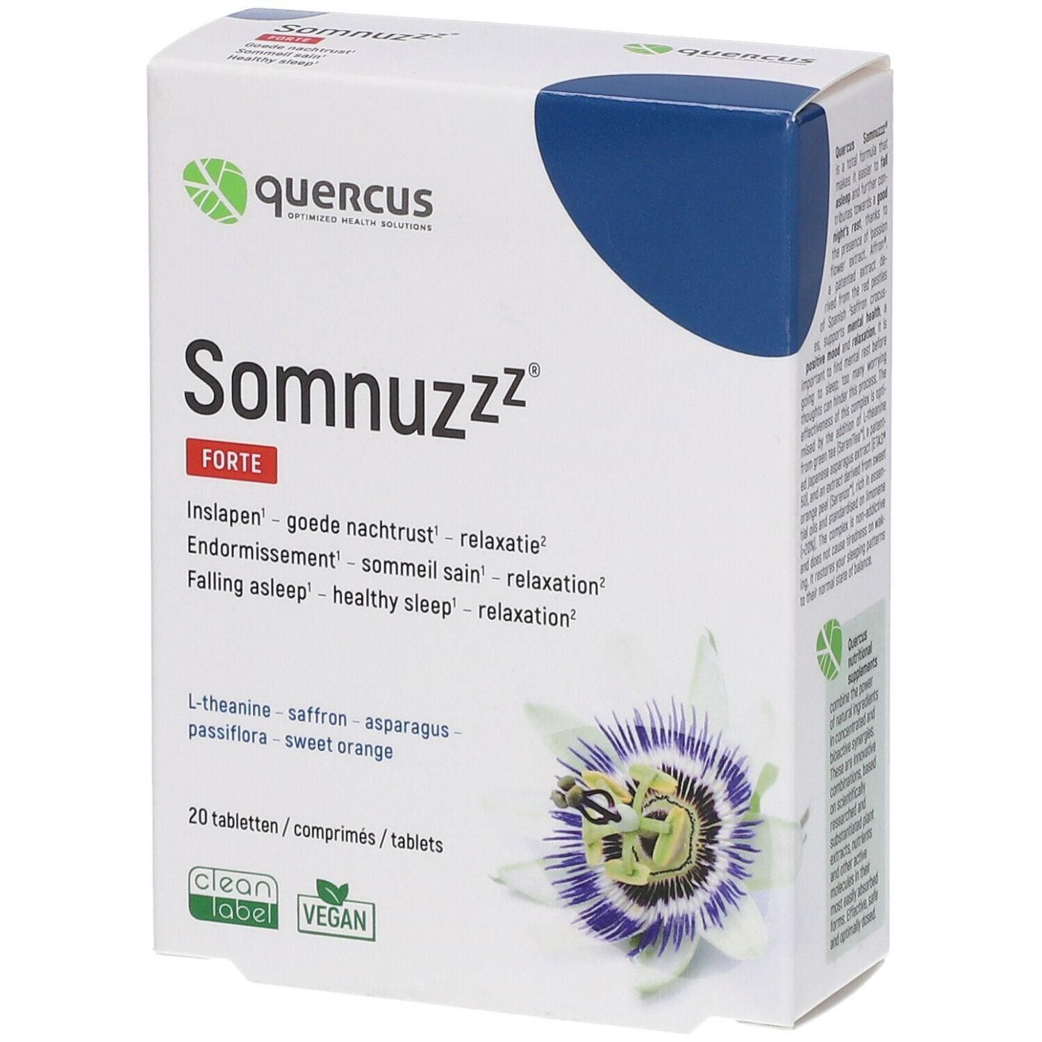 Quercus Somnuzzz Forte verpakking met 20 tabletten. Bevat L-theanine, saffraan, passiebloem.
