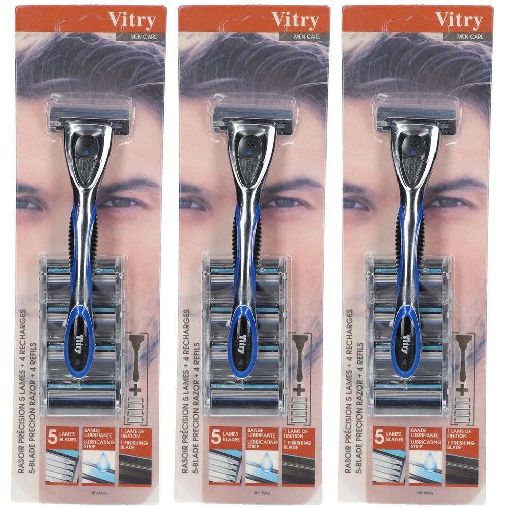 Rasoir de précision Vitry 5 lames avec 4 recharges. Manche ergonomique.