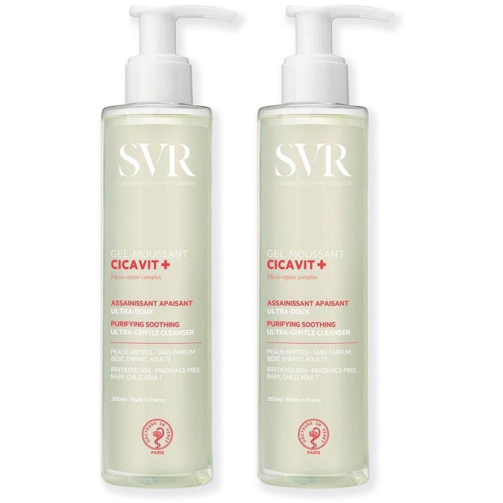 Twee flessen SVR Cicavit+ Gel Moussant met pompdispensers.