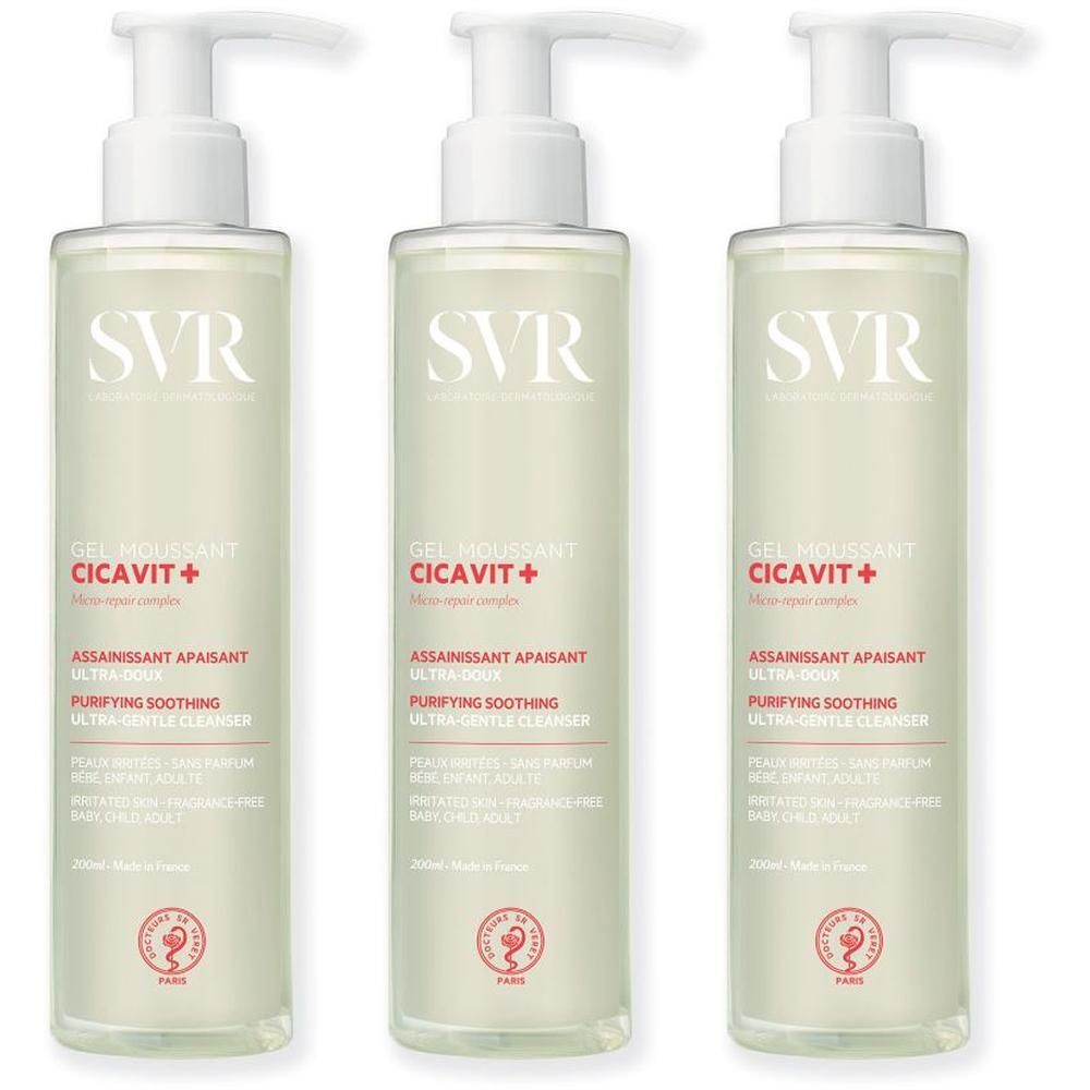 Drie flacons SVR Cicavit+ Gel Moussant met pompdos.
