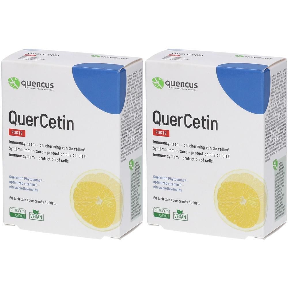 Twee pakken Quercetin Forte met citroen. Bevat 60 tabletten. Merk: Quercus.