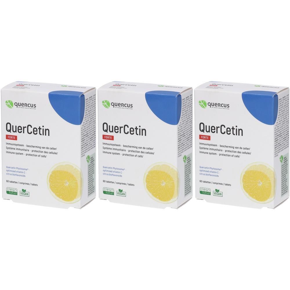 Drie verpakkingen Quercus QuerCetin Forte met citroenschijfillustratie.