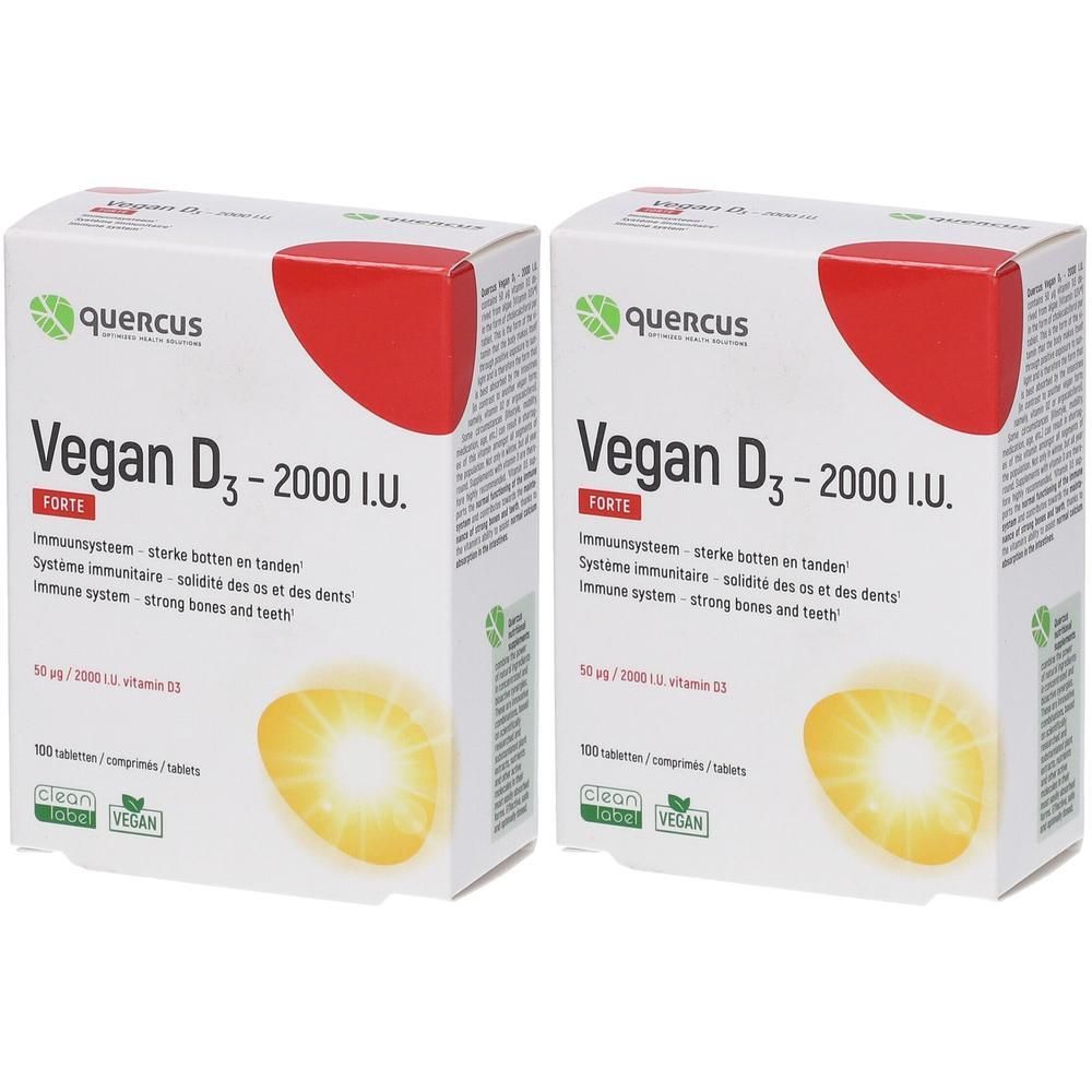 Twee verpakkingen Quercus Vegan D3 - 2000 I.U. Forte met 100 tabletten.