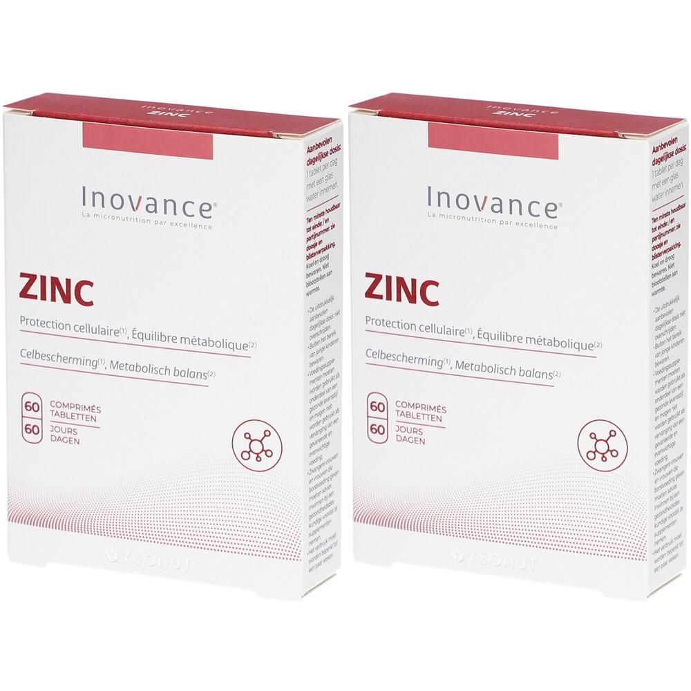 Deux boîtes de comprimés Inovance Zinc, 60 comprimés par boîte. Protection cellulaire, équilibre métabolique.